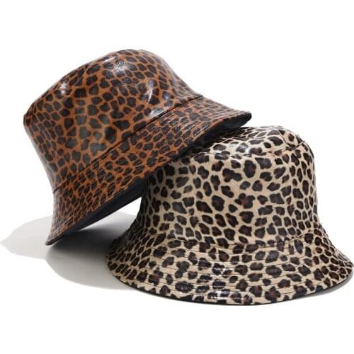 Fashion Leopard Print Bucket Hat Women Spring Autumn PU Leather Panama Fisherman Fishing Hats Sunshade Flat Caps Streetwear