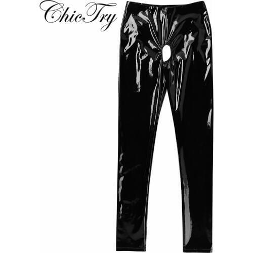 Fashion Women Wet look Stretchy Pencil Pants Patent Leather Open Crotch and Open Butt Pants Skinny Stretchy Legging Trousers