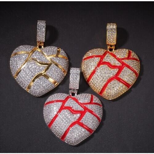 Men Fashion Hip Hop Gold Red Cracked Love Heart Broken Shape Pendant Broke Heart Full Of Zircon Neckalce Hip Hop For Men