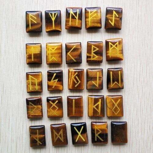 Wholesale 25pcs/lot Natural tiger eye Stone Viking Runes Amulet Set Reiki Healing Crystals Divination Tumbled rectangle Stones