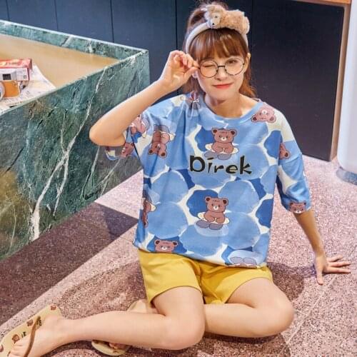 Pajamas Sets For Women Fresh Summer Korean Blue Tie Dye Kawaii Cartoon Little Bears Nightwear Oversized Cotton Womens Sleepwear