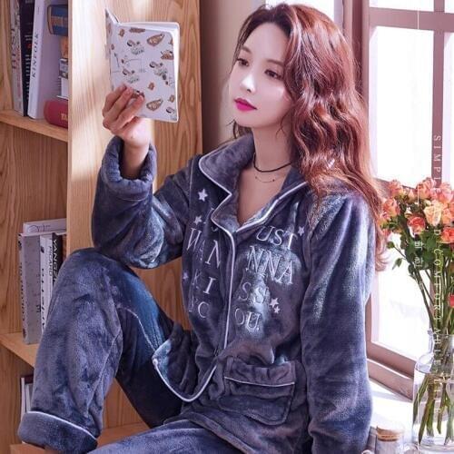 Coral Fleece Pajamas Suit Women Thickened Flannel Winter Long Sleeve Nightgown Set Home Clothing Plus Velvet Sleepwear H5646