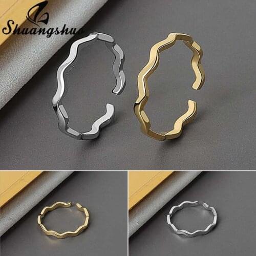 Shuangshuo Minimalist Sea Wave Shape Finger Rings Fashion Creative Geometric Opening Rings for Women Men Everyday Jewelry Gift