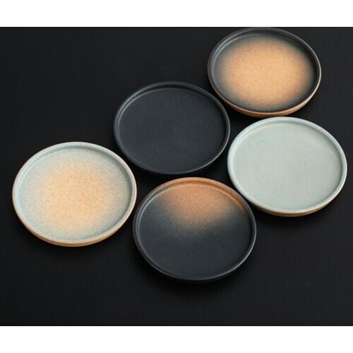 Japanese Style Sample Old Elegant Design Gradient Coarse Pottery Tea Cup Tray Round Retro Heat Insulation Ceramic Coaster Trays