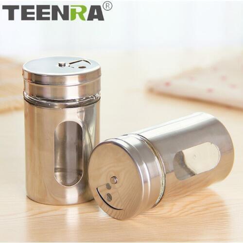 TEENRA Stainless Steel Spice Jar Glass Spice jar Spice Storage Bottle Kitchen Camping Picnic Spice Tin BBQ Cooking Tools