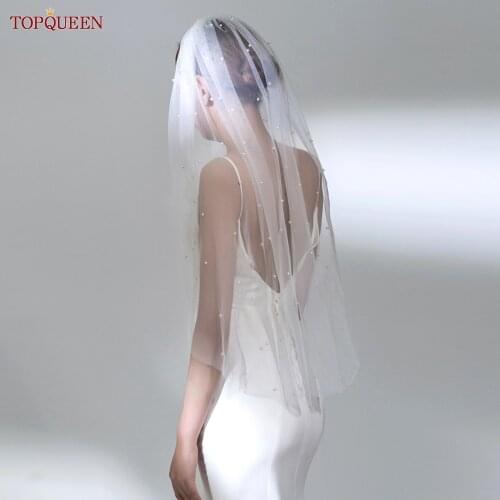 TOPQUEEN V05 White Ivory One Layer Bridal Veil with Pearls Simple Elegant Shoulders Veil with Comb for Wedding Accessories