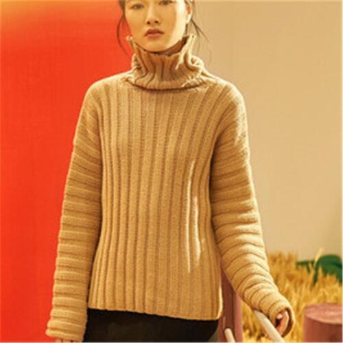 100% hand made pure wool turtleneck knit women fashion solid vertical striped thick H-straight pullover sweater one&over size