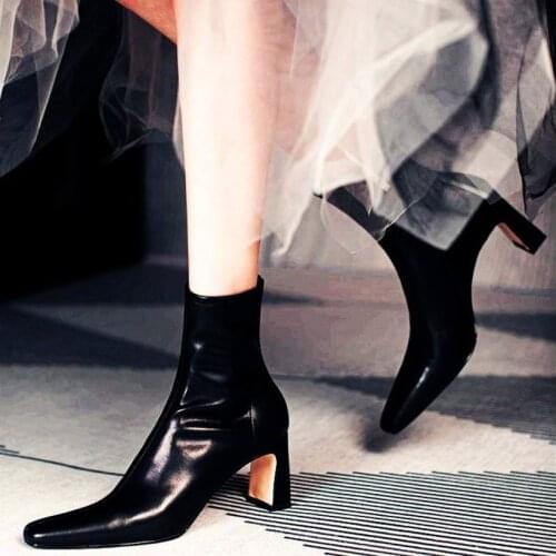 Elegant Punk Goth Womens Genuine Leather Ankle Boots Sexy Block High Heel Square Toe Party Pumps Shoes 34 35 36 37 38 39 40