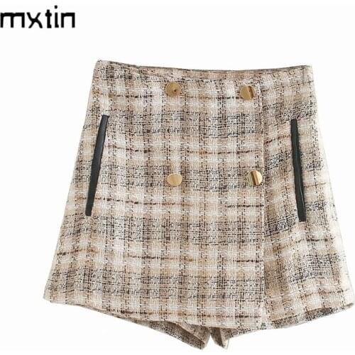MXTIN 2021 Women Autumn Vintage Plaid Button Shorts Skirts Fashion High Waist Fly Side Pockets Offic Lady Female Skort Vestidos