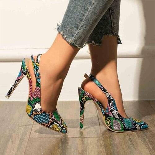 Women Sandals 2021 Ladies Snake PrintThin High Heel Ankle Buckle New Style Female Party Fashion Elegant Pointed Toe Shoe Summer