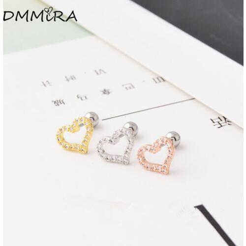 Fashion Color Rose Gold Titanium Steel Hollow Hearts Crystal Zirconia Stud Earrings Jewelry For Women Girls