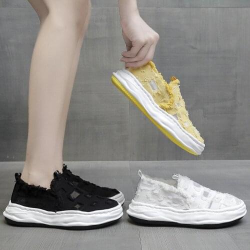 2021 Vintage Hollow Out Canvas Loafer Shoes Women Breathable Slip on Chunky Platform Flats Woman Retro Hole Denim Casual Shoes