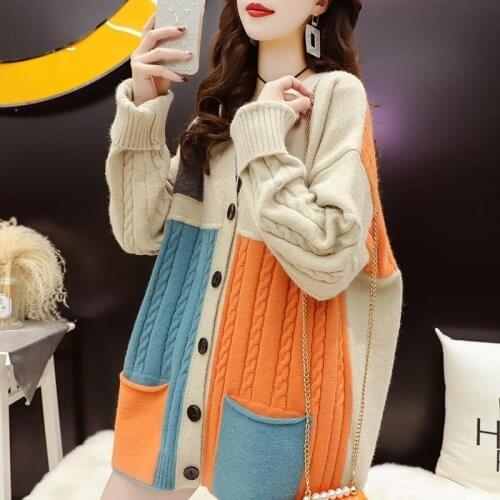 2021 Fashion Knit Color Matching Spring Autumn Women Clothing Cardigan Twist Loose Korean Lazy Wind Long Sleeve Knitted Coat Top
