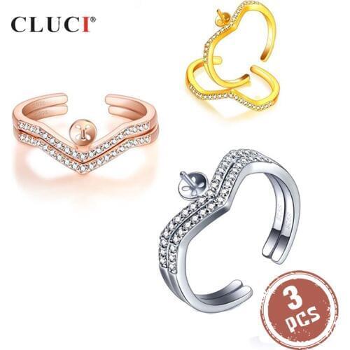 CLUCI 3pcs Silver 925 Crown Ring Jewelry for Women Wedding Zircon Pearl Ring Mounting 925 Sterling Silver Crown Ring SR2217SB