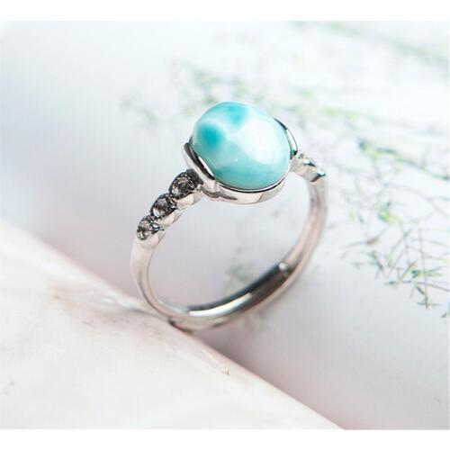 Genuine Natural Larimar Crystal Round Stone Fashion Women Lady Adjustable Size Ring Just One 10*8mm