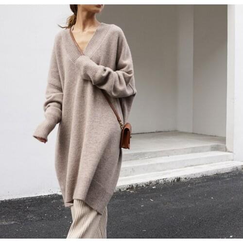 Casual Oversized Dress Autumn Winter Fashion Knitting V-neck Thick Sweater Dress Women YOU757