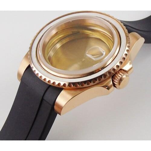 40MM Accessories Parts Rose Gold Plated Sapphire Glass Rotating Bezel Rubber Strap Watch Case Fit NH35 NH36 Movement