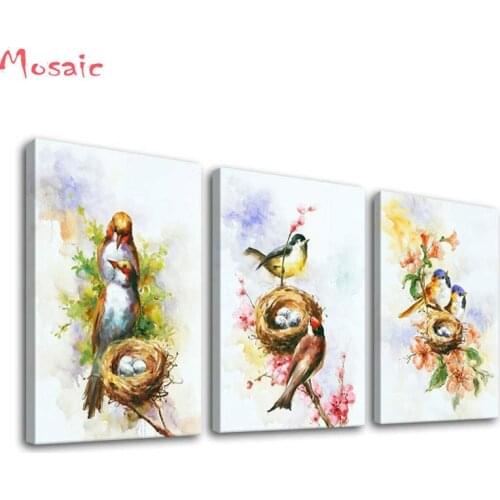 Diy 5d diamond painting cross stitch 3pcs/set,Bird Flower Birds on The Tree Family Pictures Diamond Embroidery home decoration