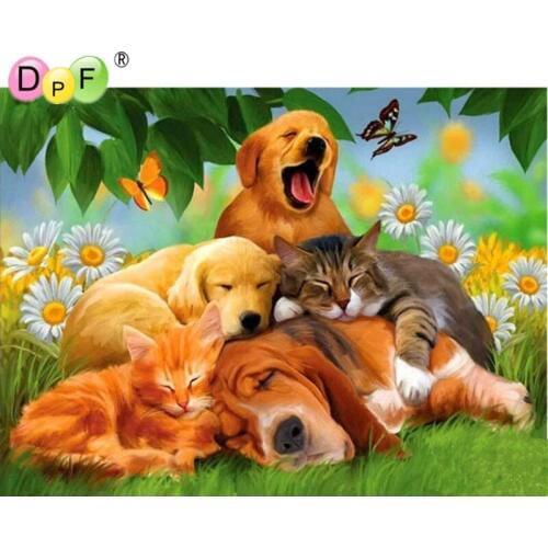 Diamond painting cross stitch dog and cat sleeping 3d Diy Diamond Embroidery Pasted kits Square mosaic Drill home decor crafts