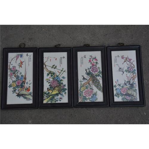 Antique QingDynasty Handmade porcelain brand painting,peacok&crane,4 pieces/pack,Hand-painted crafts,best collection& adornment