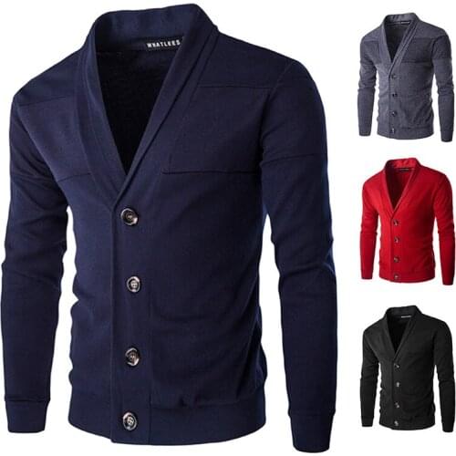 Mens Sweater Long Sleeve Solid Color Turn Down Collar Cardigan Sweater Casual Patchwork Single-Breasted Tops