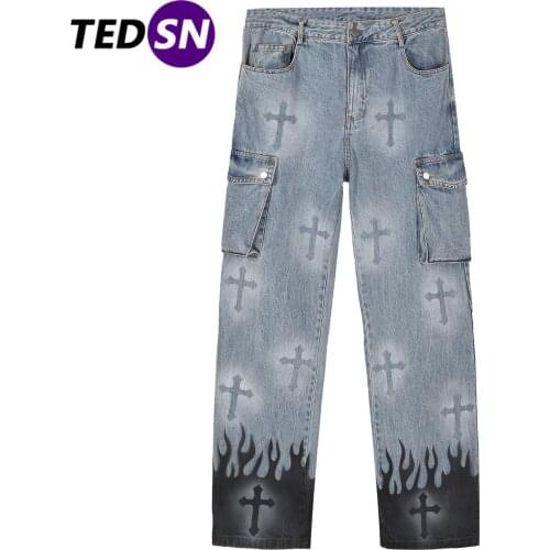 TEDSN Trousers Jeans Men Clothing Denim Casual Pants Bottom Punk Streetwear Korean Fashion Blue Women Male 2021 Autumn Clothes
