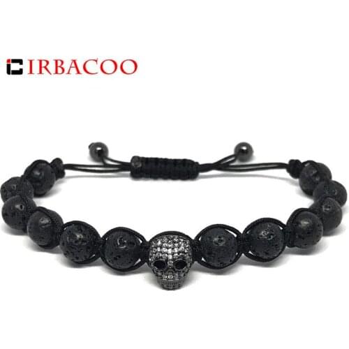 IRBACOO 2020 Luxury Men Bracelet 8mm Lava Stone With Pave CZ Skull For Men Beaded Bracelets Jewelry Gift