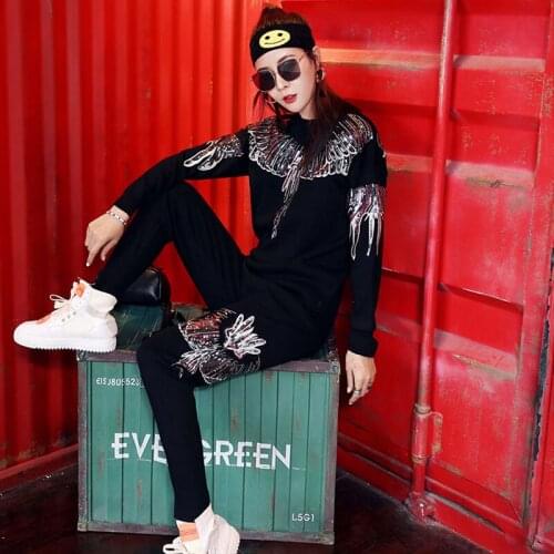 Black Manual Sequins Knitted Two-piece Suits Female Casual Loose Round neck Long sleeves Pullover Long pants Women Knitwear Sets