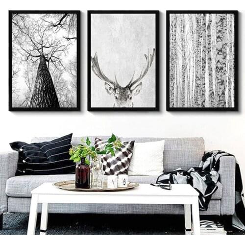 Scandinavian Style Minimalist Forest Landscape Deer Eagle Black White Canvas Painting Poster Print Wall Art Living Room Decor