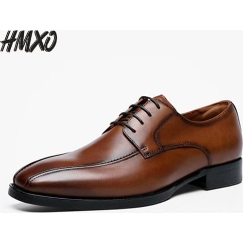 HMXO Square Toe Lace-up Leather Shoes Men Retro British Handsome Leather Shoes Large Size Shoe Business Casual Men Leather Shoes