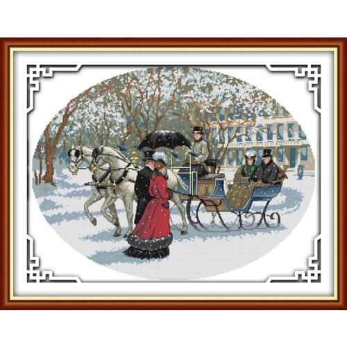 Snowy day cross stitch kit people 18ct 14ct 11ct count print canvas stitches embroidery DIY handmade needlework