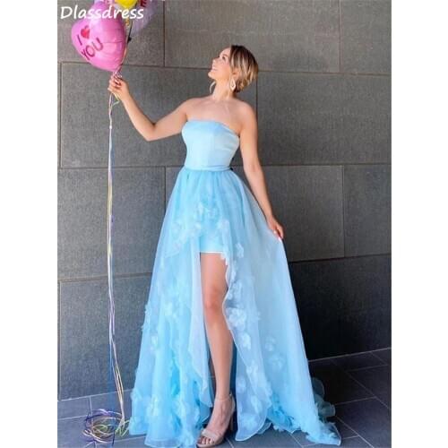 Sky Blue Prom Dresses Strapless For Girl Homecoming Party Split Flowers Lovely Sleeveless Evening Dress коктейльные платья
