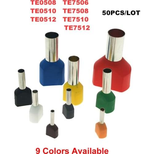50Pcs Copper Crimp Termina TE0508~7512 Electric Double Line Terminal Dual Wire Tube Insutated Cord End Cable Ferrules 0.5~7.5mm²