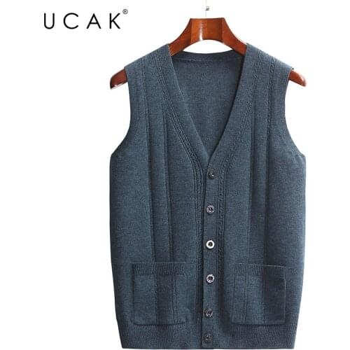 Solid Color V-Neck Vest Sweater Men Clothing UCAK Brand Classic Autumn New Streetwear Pocket Vests Pull Homme Male Clothes U1269