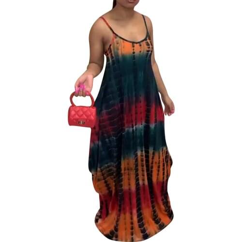 Female Maxi Dress, Tie-Dye Print U-Neck Sleeveless Spaghetti Strap Sundress for Women, S/M/L/XL/XXL/XXXL
