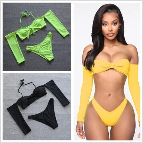Sexy Long Sleeve Bandeau Push Up Bikini Set Two Piece Swimsuit High Cut Bathing Suit Bowknot Swimwear Women Beach Wear Bathers