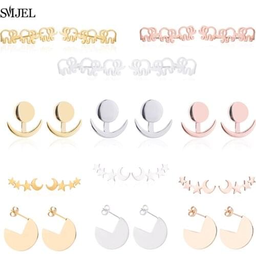 Trendy 2021 Crescent Moon Phase Earrings Star Elephant Ear Jackets Geometric Round Stud Earrings for Women Spiral Earing Gifts