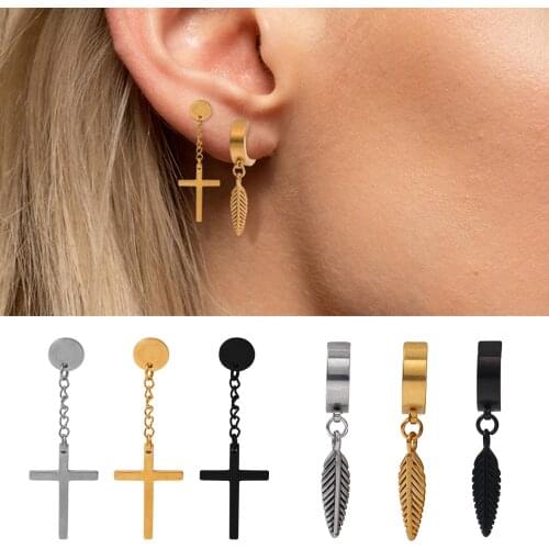 1Pc Stainless Steel Cross Feather Spike Hiphop Rock Piercing Earring Non Pierced Spring Clip On Hoop Earring for Men Women