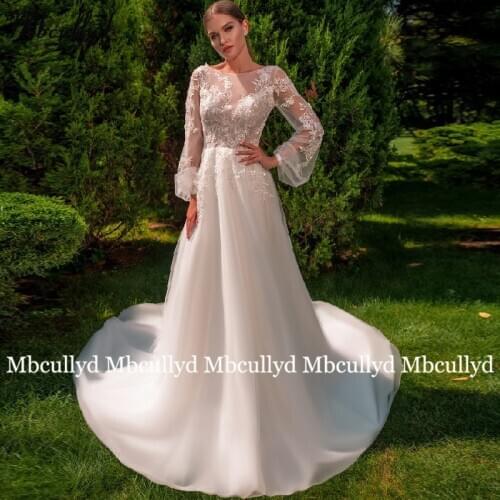 Mbcullyd Illusion A-Line Wedding Dress Long Sleeves Beach Boho Appliques Beaded Bridal Gowns Vestido De Noiva Plus Size