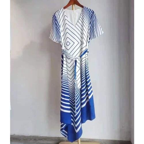 High-end V-neck Blue and White Geometric Lace Irregular Hem Silk Short-sleeved Dress