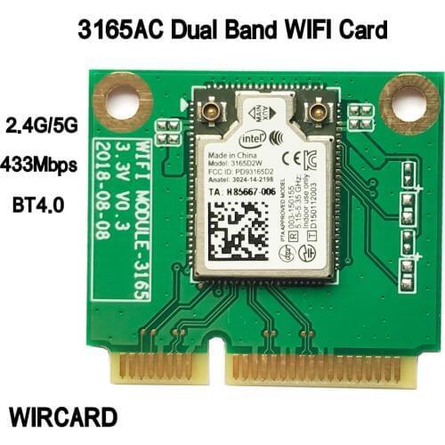WIRCARD Dual Band intel 3165NGW Intel 3165AC mini PCI- 802.11ac WiFi WLAN Card 433Mbps 2.4G / 5Ghz Bluetooth 4,0 Windows