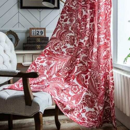 Curtain finished red baroque style small window kitchen curtain cotton linen printing living room semi shading bay window