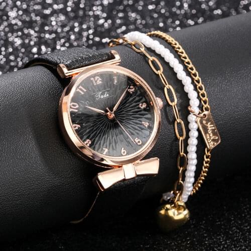 Women Elegant Black Wristwatch Exquisite Pearl Bracelet Gift Set Ladies Quartz Leather Watch Birthday Gifts for Daughter Friends