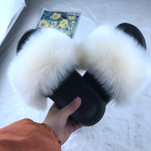 Womens Fur Slippers Faux Fox Fur Fluffy Flip Flops Slipper Women Plush Shoes Summer Sandals Slides Large Size 36-45 NVLX82