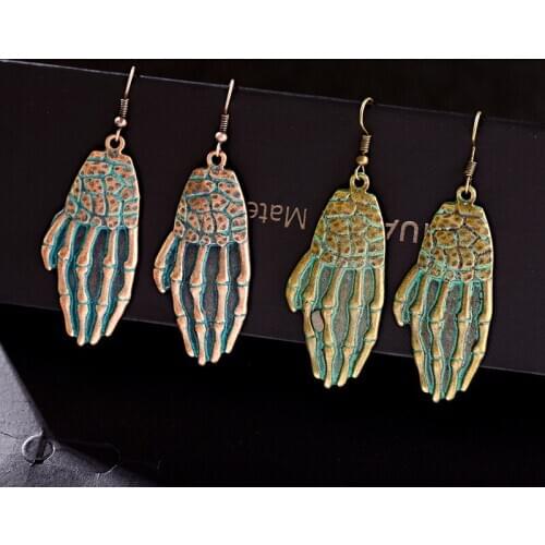 New Hand Punk Earrings Womens Vintage Skull Skeleton Bronze Earrings Verdigris Ladies Earrings