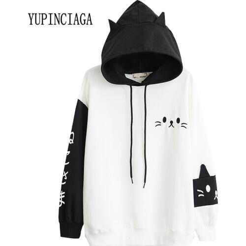 YUPINCIAGA Women Hooded Sweatshirts Plus velvet Long Sleeve Hit Color Pullover Femme Cartoon Cat Embroidery Harajuku Hoodies