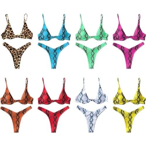 Women Sexy Brazilian Micro Bikini Set Neon Snakeskin Leoaprd Print Swimsuit Push Up Underwire High Cut Bathing Suit