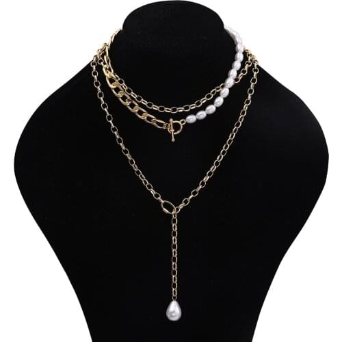 Fashion Double Layer Long Link Chain Pearl Pendant Necklace Mixed Linked Circle Lasso Choker Necklace for Women Wedding Jewelry