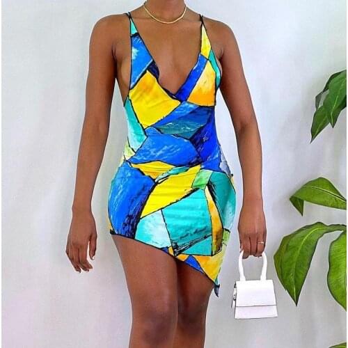 2021 Summer Chic Women Patchwork Printed Bodycon Spaghetti Strap Dress Party Club Sexy V-neck Crop Camisole Mini Dress Female