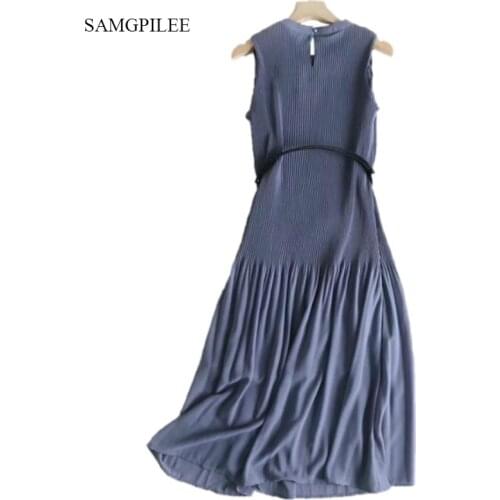 2020 New Summer Dress Slim Round Neck Sleeveless Solid Soft Fashion A Line With Belt Trendy Casual Temperament Women Dresses
